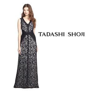 TADASHI SHOJI DRESS LACE & JERSEY BLACK WHITE FULL LENGTH GOWN DRESS SZ 8
